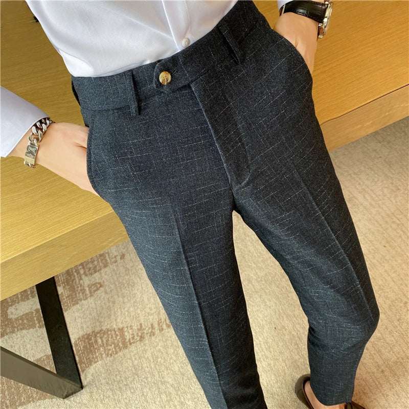 Boutique Fashion Solid Color Plaid Striped Men's Casual Business Office Formal Casual Suit Pants Groom's Wedding Dress Trousers