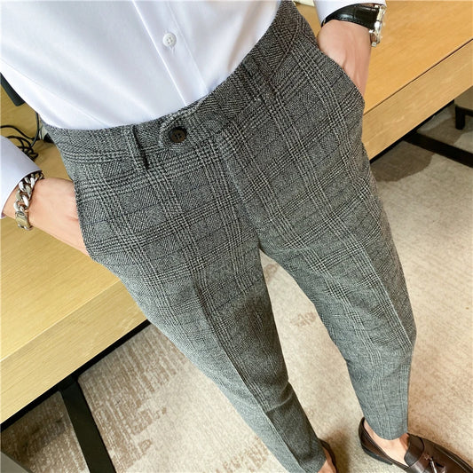 Boutique Fashion Solid Color Plaid Striped Men's Casual Business Office Formal Casual Suit Pants Groom's Wedding Dress Trousers