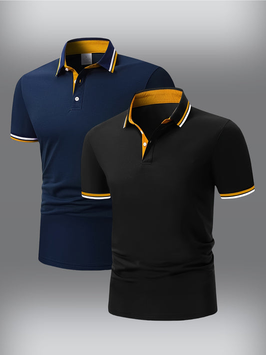 2pcs Set + Pearl Ground Fabric + 180g Weight Men's Short-sleeved Top with Contrast Color Collar, Fashionable Business Casual Style, Knitted Collar + Cuffs, Workwear, Suitable for Daily Work and Casual Wear, Ideal as a Gift