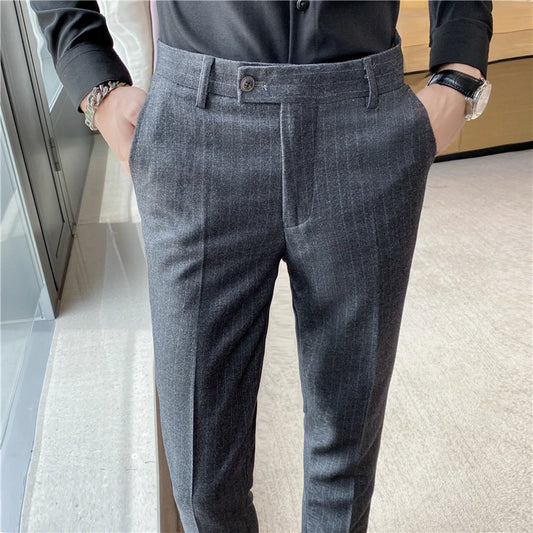 Boutique Fashion Solid Color Plaid Striped Men's Casual Business Office Formal Casual Suit Pants Groom's Wedding Dress Trousers