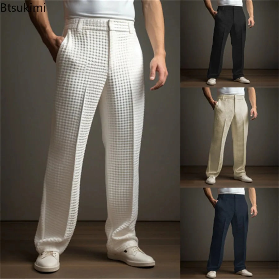 New 2026 Men's Elegant Waffle Suit Pants Solid Loose Straight Trousers Business Social Dress Pants Casual Vacation Pants for Men