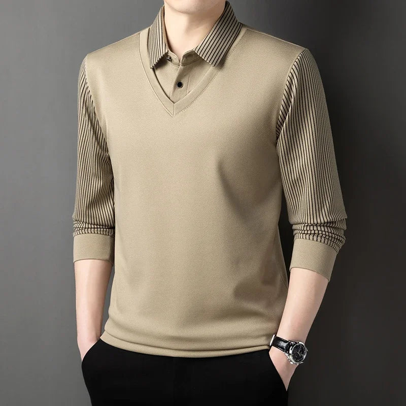 Autumn and Winter Long Sleeved T-shirt Men's Fashion Fake Two-piece Base Shirt Loose Casual Collar Top Solid Color Warm Top