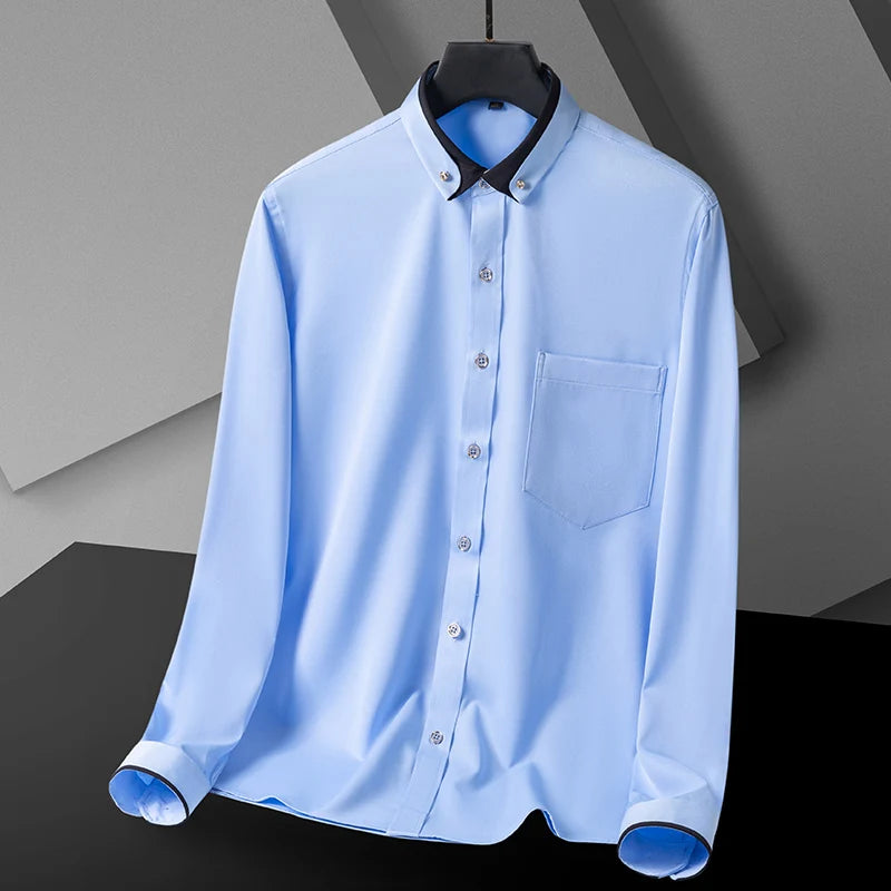 Men's Formal Long Sleeve Diamond Button Color Block Shirts with Left Chest Pocket - Wrinkle Free Stretch Silky Comfort Easy Care