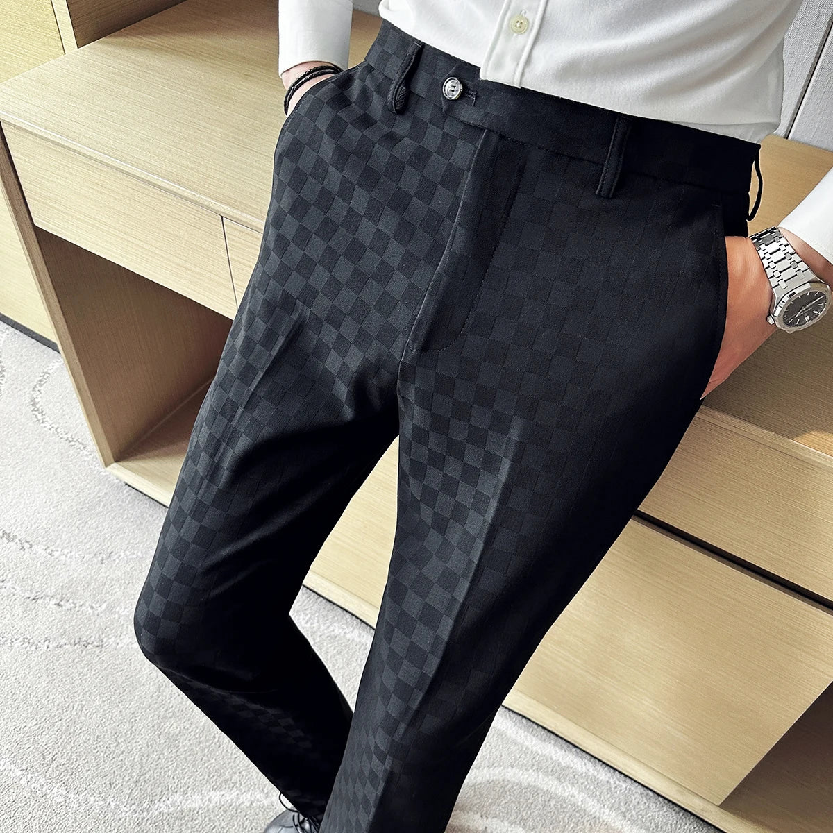 New Men Casual Plaid Suit Pants Fashion Men's Slim Fit Business Social Dress Pants Formal Wedding Social Party Male Trousers