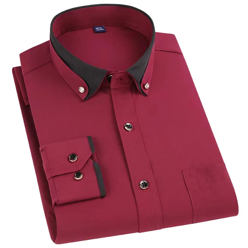 Men's Formal Long Sleeve Diamond Button Color Block Shirts with Left Chest Pocket - Wrinkle Free Stretch Silky Comfort Easy Care