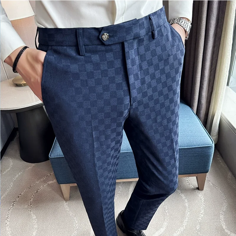 New Men Casual Plaid Suit Pants Fashion Men's Slim Fit Business Social Dress Pants Formal Wedding Social Party Male Trousers