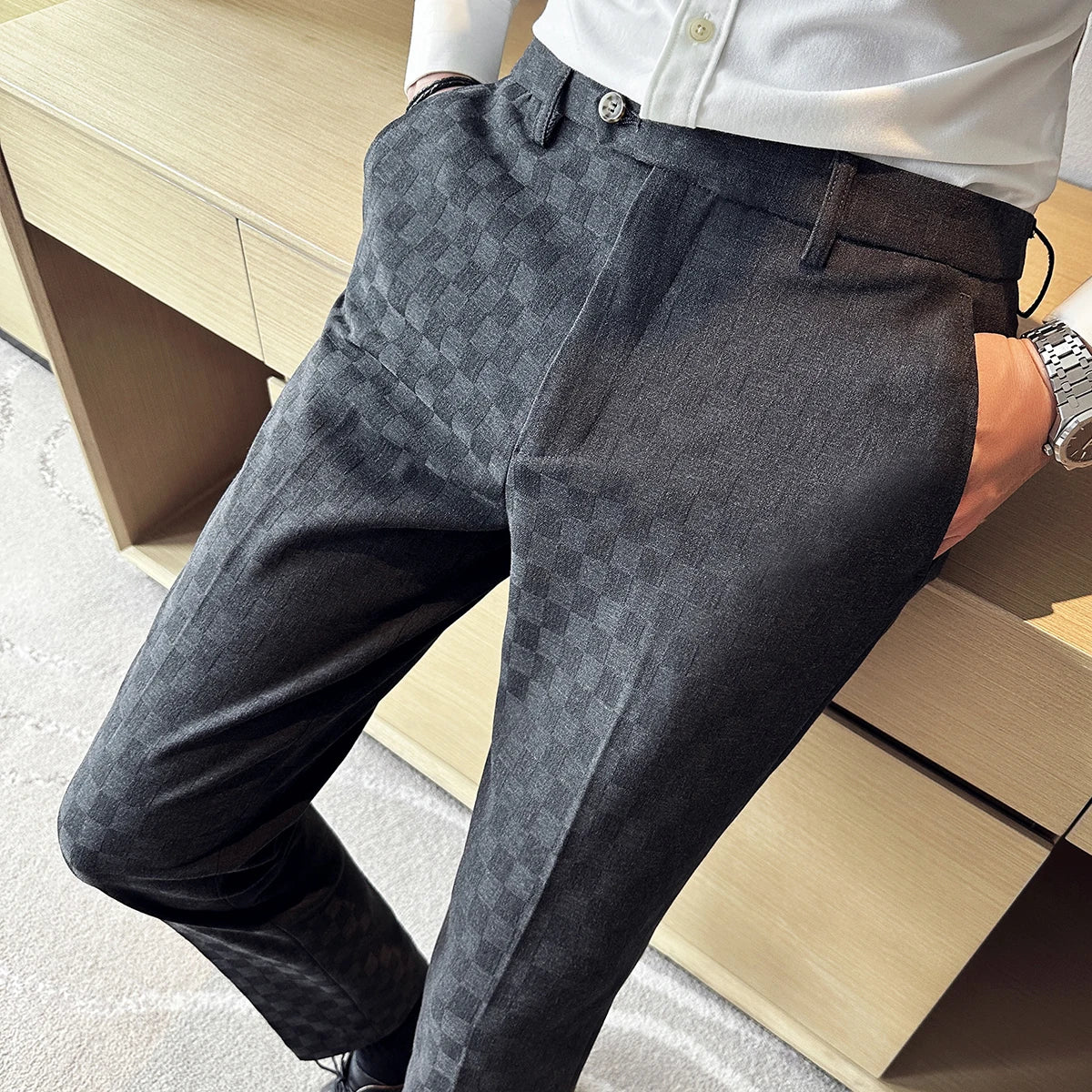 New Men Casual Plaid Suit Pants Fashion Men's Slim Fit Business Social Dress Pants Formal Wedding Social Party Male Trousers
