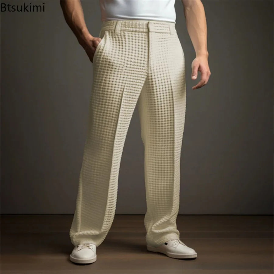 New 2026 Men's Elegant Waffle Suit Pants Solid Loose Straight Trousers Business Social Dress Pants Casual Vacation Pants for Men