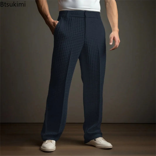 New 2026 Men's Elegant Waffle Suit Pants Solid Loose Straight Trousers Business Social Dress Pants Casual Vacation Pants for Men