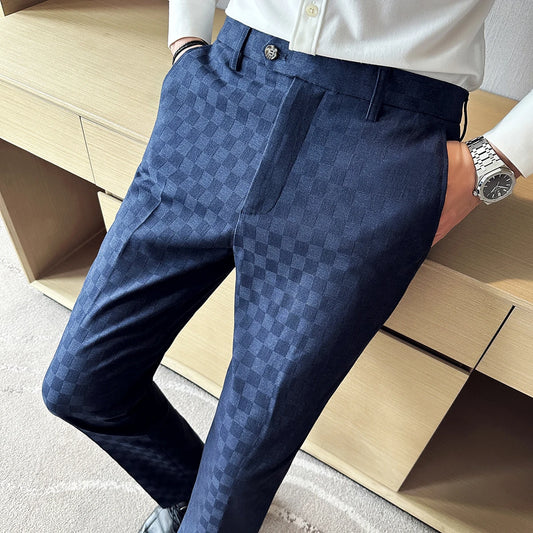 New Men Casual Plaid Suit Pants Fashion Men's Slim Fit Business Social Dress Pants Formal Wedding Social Party Male Trousers
