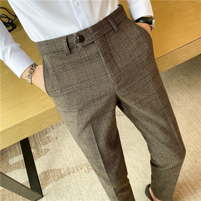 Boutique Fashion Solid Color Plaid Striped Men's Casual Business Office Formal Casual Suit Pants Groom's Wedding Dress Trousers