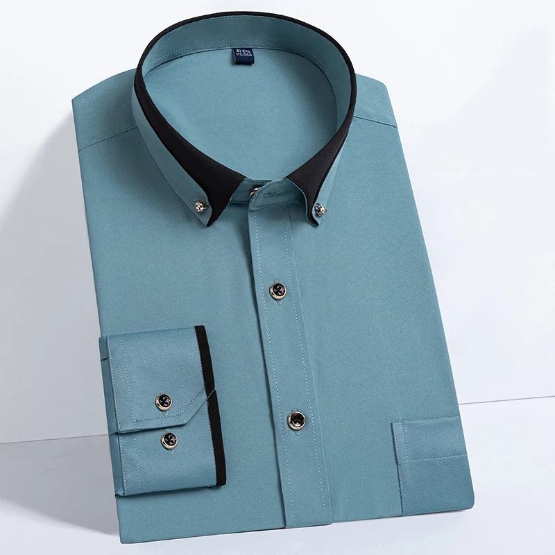 Men's Formal Long Sleeve Diamond Button Color Block Shirts with Left Chest Pocket - Wrinkle Free Stretch Silky Comfort Easy Care