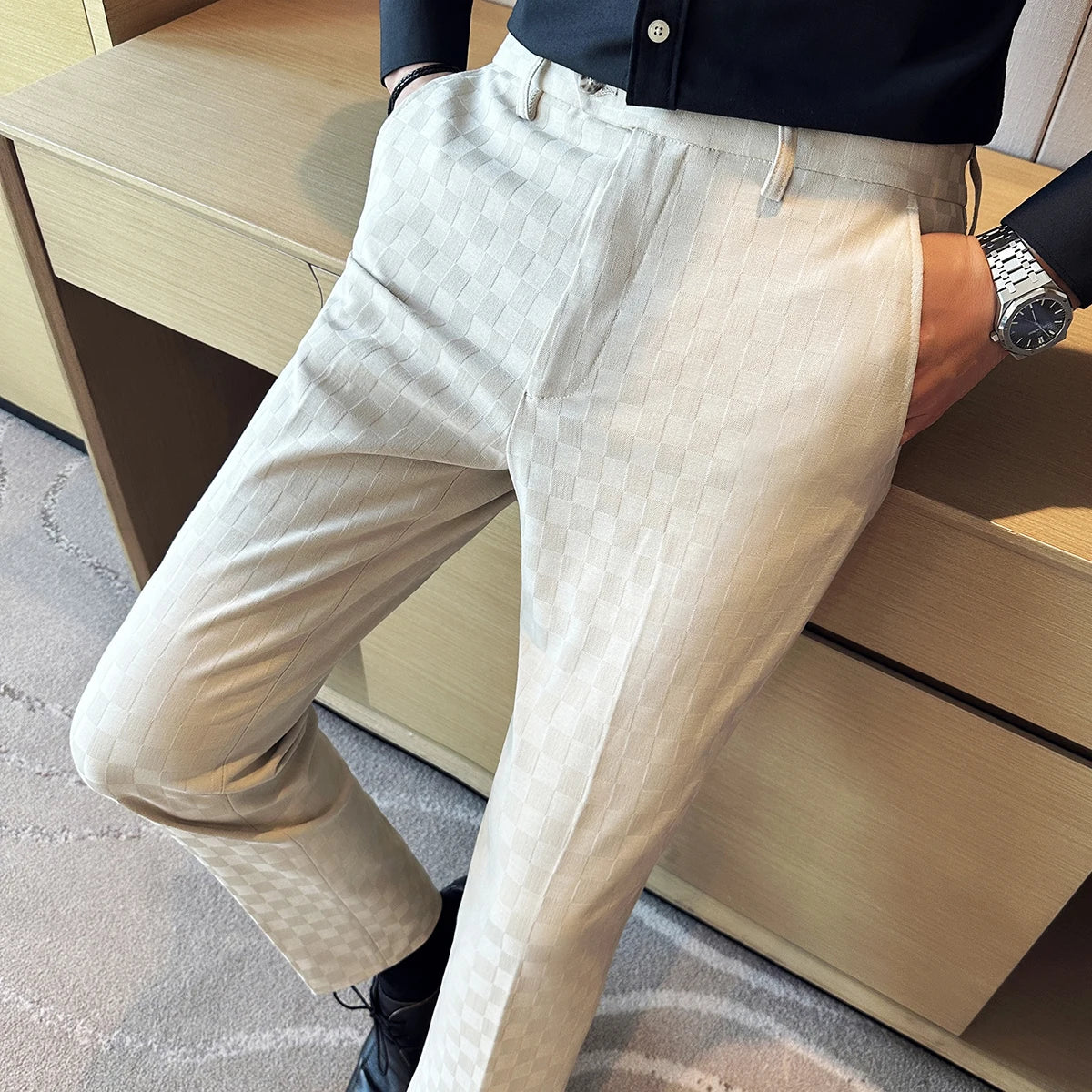 New Men Casual Plaid Suit Pants Fashion Men's Slim Fit Business Social Dress Pants Formal Wedding Social Party Male Trousers