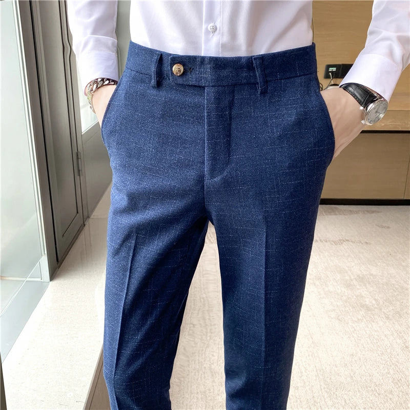 Boutique Fashion Solid Color Plaid Striped Men's Casual Business Office Formal Casual Suit Pants Groom's Wedding Dress Trousers