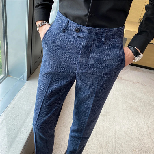 Boutique Fashion Solid Color Plaid Striped Men's Casual Business Office Formal Casual Suit Pants Groom's Wedding Dress Trousers