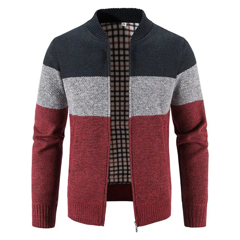 Autumn and Winter Casual Sweater Plus Velvet Thickened Baseball Collar Men's Loose Color-blocked Sweater Thermal Jacket JJ393