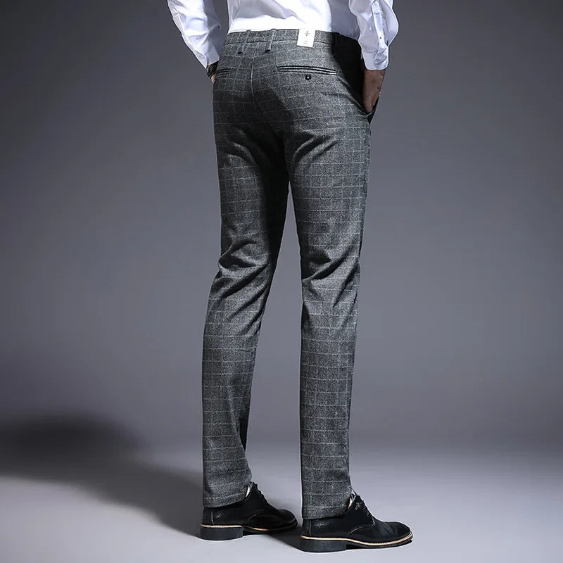 Autumn Thicken Plaid Formal Pant For Men Slim Fit Korea Style Suit Trousers For Men Fashion Office Weeding Party Mens Pants