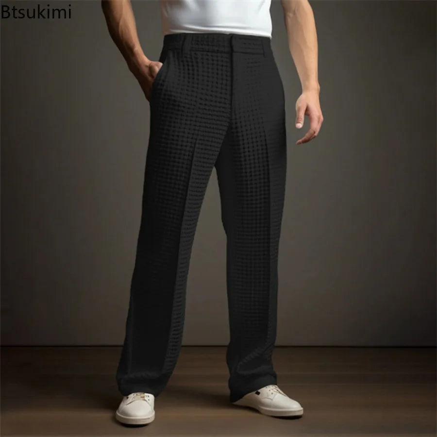 New 2026 Men's Elegant Waffle Suit Pants Solid Loose Straight Trousers Business Social Dress Pants Casual Vacation Pants for Men