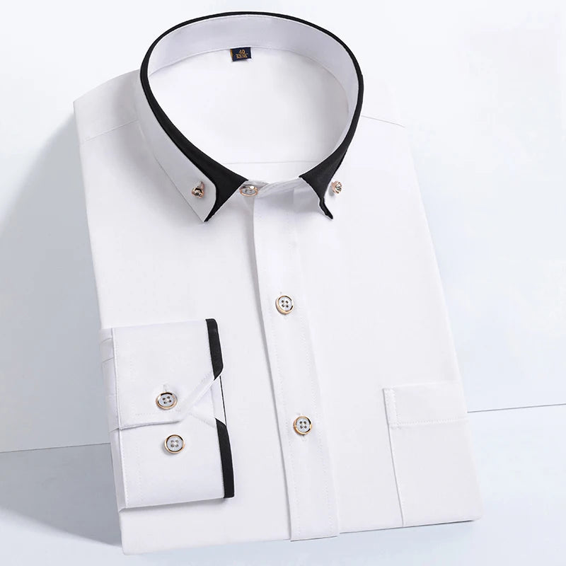 Men's Formal Long Sleeve Diamond Button Color Block Shirts with Left Chest Pocket - Wrinkle Free Stretch Silky Comfort Easy Care
