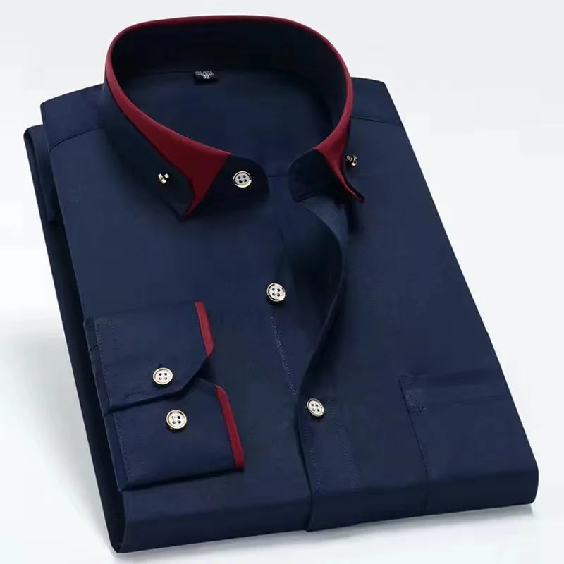 Men's Formal Long Sleeve Diamond Button Color Block Shirts with Left Chest Pocket - Wrinkle Free Stretch Silky Comfort Easy Care
