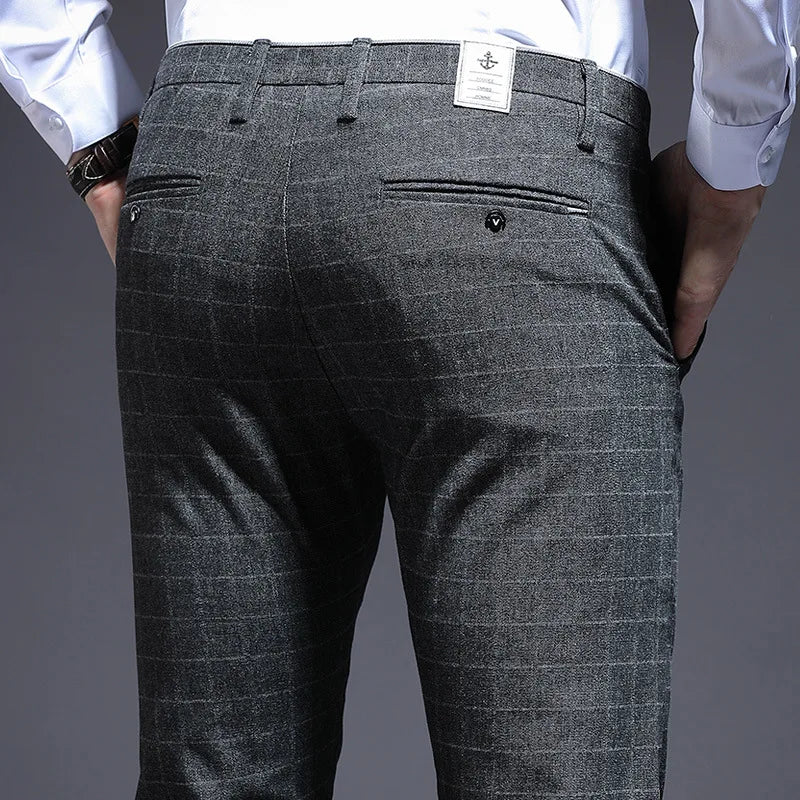 Autumn Thicken Plaid Formal Pant For Men Slim Fit Korea Style Suit Trousers For Men Fashion Office Weeding Party Mens Pants