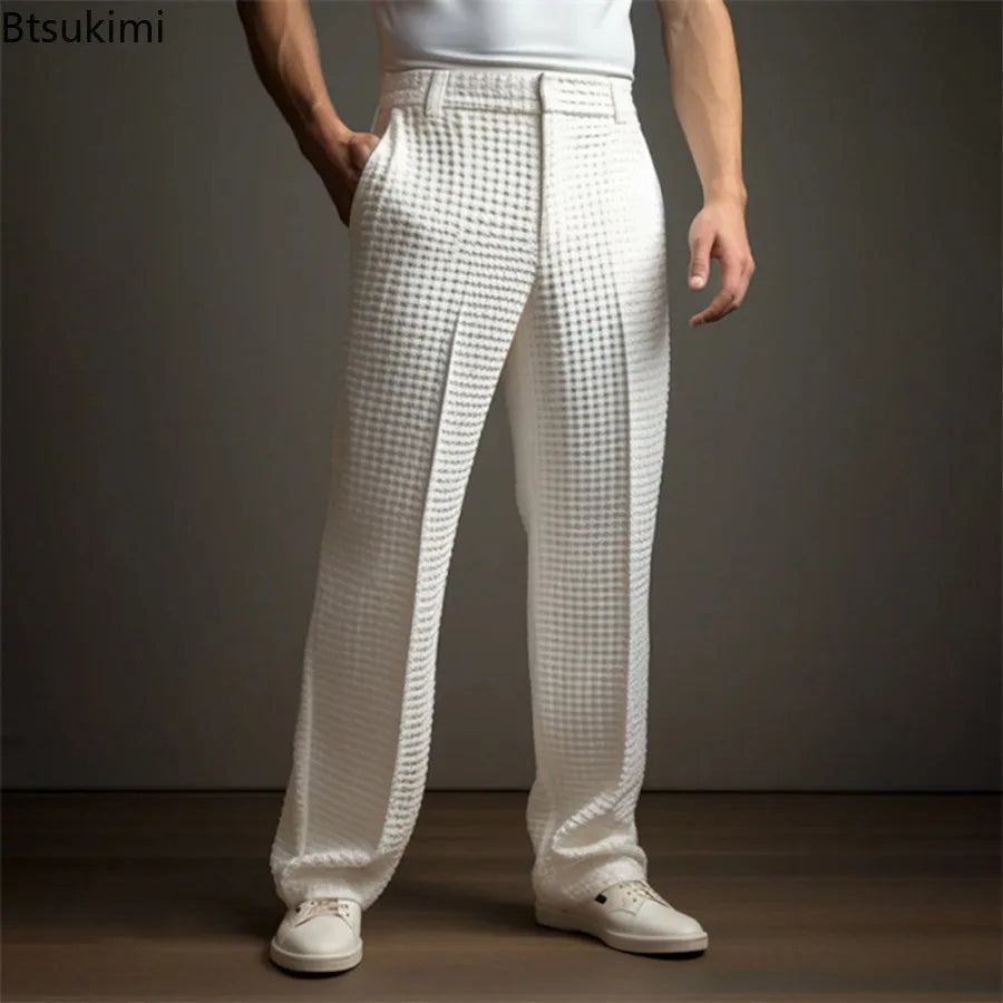 New 2026 Men's Elegant Waffle Suit Pants Solid Loose Straight Trousers Business Social Dress Pants Casual Vacation Pants for Men