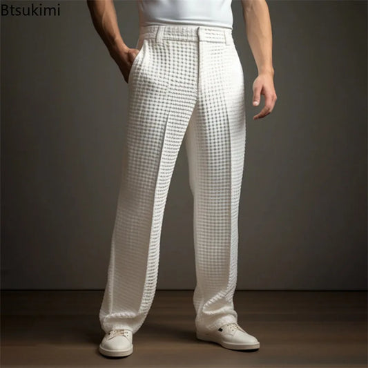 New 2026 Men's Elegant Waffle Suit Pants Solid Loose Straight Trousers Business Social Dress Pants Casual Vacation Pants for Men