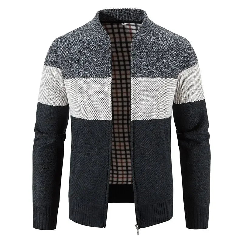 Autumn and Winter Casual Sweater Plus Velvet Thickened Baseball Collar Men's Loose Color-blocked Sweater Thermal Jacket JJ393