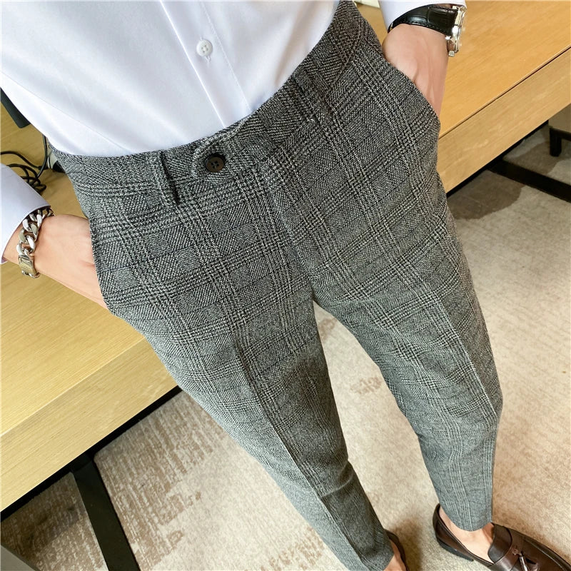 Boutique Fashion Solid Color Plaid Striped Men's Casual Business Office Formal Casual Suit Pants Groom's Wedding Dress Trousers