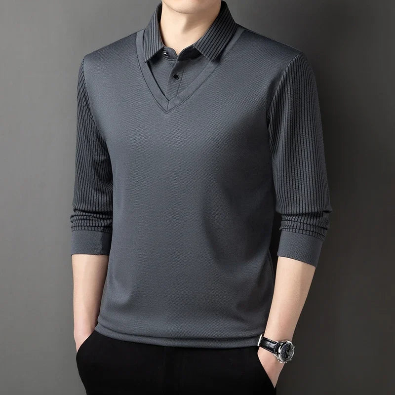 Autumn and Winter Long Sleeved T-shirt Men's Fashion Fake Two-piece Base Shirt Loose Casual Collar Top Solid Color Warm Top