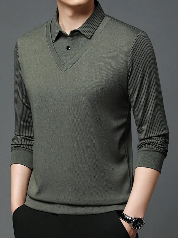 Autumn and Winter Long Sleeved T-shirt Men's Fashion Fake Two-piece Base Shirt Loose Casual Collar Top Solid Color Warm Top