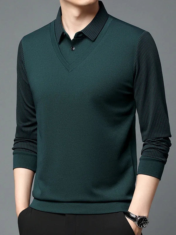 Autumn and Winter Long Sleeved T-shirt Men's Fashion Fake Two-piece Base Shirt Loose Casual Collar Top Solid Color Warm Top