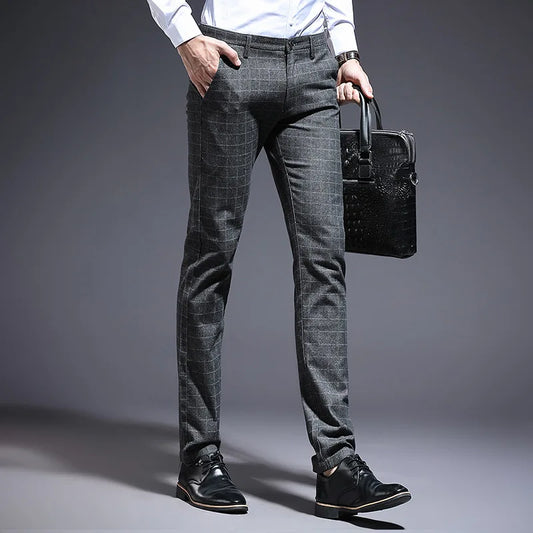 Autumn Thicken Plaid Formal Pant For Men Slim Fit Korea Style Suit Trousers For Men Fashion Office Weeding Party Mens Pants